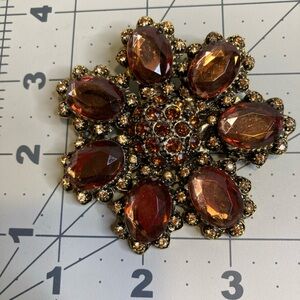 Vintage YOCHI Signed Brown Crystal Brooch in Gold Tones Boho Gypsy 4”